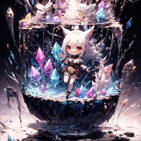 best quality, absurdres, [(mystical crystal forest background:1.5),::5], (high resolution, ultra detailed, absurdres:1.2), (stunningly beautiful:1.2), 
cute, (chibi:1.3), (full body), (drooping eyes:1.3), chibi in glass jar, animal costume, fuwafuwa,  ethereal fantasy chibi, 
glowing magical symbols, surrounded by wisps of shimmering energy, enchanting and captivating presence, full body, little smile,