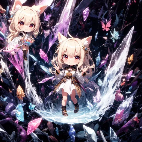 best quality, absurdres, [(mystical crystal forest background:1.5),::5], (high resolution, ultra detailed, absurdres:1.2), (stunningly beautiful:1.2), 
cute, (chibi:1.3), (full body), (drooping eyes:1.3), chibi in glass jar, animal costume, fuwafuwa,  ethereal fantasy chibi, 
glowing magical symbols, surrounded by wisps of shimmering energy, enchanting and captivating presence, full body, little smile,
