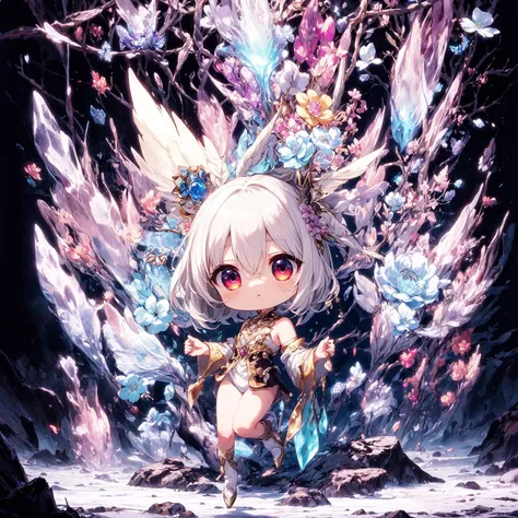 best quality, absurdres, [(mystical crystal forest background:1.5),::5], (high resolution, ultra detailed, absurdres:1.2), (stunningly beautiful:1.2),
cute, (chibi:1.3), (full body), (drooping eyes:1.3), extremely detailed ethereal fantasy costume, fuwafuwa, ethereal fantasy chibi,
glowing magical flower, surrounded by ethereal flower, enchanting and captivating presence, full body, transparent colors,