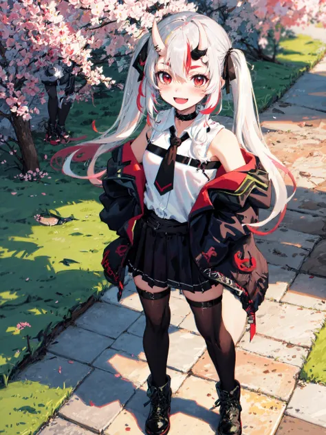 Volumetric Lighting, Best Shadows, (Highest Quality, Amazing Details:1.25), Brilliant Colorful Paintings, ((bright color)), colorful bubble, ((shining)), Aestheticism, masterpiece, looking at viewer, color spray,
white hair, (((colored inner hair))), bangs, hair between eyes, blush, leaf, bush, plant, cherry blossoms, garden, grass,
Portrait Of Stunningly Beautiful Girl, Delicate Beautiful Attractive Face With Alluring Red Eyes, Sharp Eyebrows, Blush Eyeshadow, Thick Eyelashes, (((full body))), ((standing)), hand in pocket,  
lily, smile, open mouth, fang out, short girl, small girl,
<lora:NakiriAyame:0.9>, Nakiri Ayame, long hair, twintails, AyameCasual, white shirt, sleeveless shirt, black necktie, black skirt, pleated skirt, hair ribbon, x hair ornament, black thighhighs, thigh strap, black jacket, open jacket, off shoulder, black choker, combat boots, oni horns,