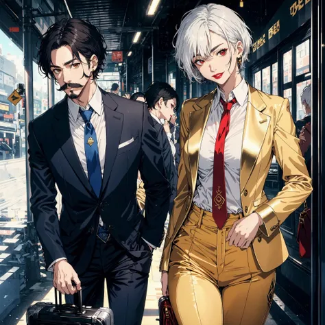 tokyo background, blurry, japanese train, people, night sky, moon, masterpiece
AND a man, short hair, black hair, brown eyes, colored skin, black beard, mustache, ( necktie, suit, blue suitcase :1.2), masterpiece
AND a mature female, short hair, white hair, red eyes, lipstick, smile, armlet, ( necktie, golden suit, slit pupils, golden pants, handbag:1.2), pale skin, masterpiece