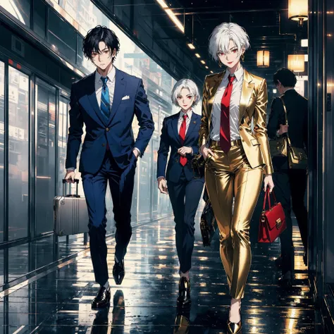 tokyo background, blurry, japanese train, people, night sky, moon, masterpiece
AND a man, short hair, black hair, brown eyes, colored skin, ( necktie, suit, blue suitcase :1.2), masterpiece
AND a mature female, short hair, white hair, red eyes, lipstick, smile, armlet, ( necktie, golden suit, slit pupils, golden pants, handbag:1.2), pale skin, masterpiece