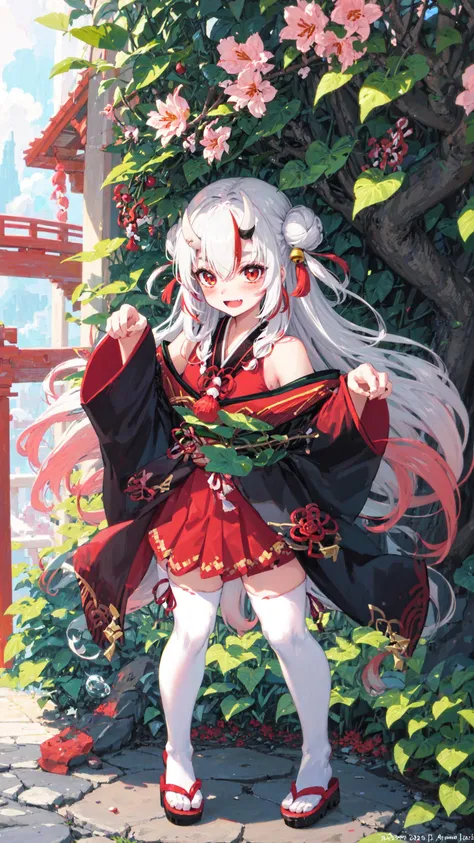 Volumetric Lighting, Best Shadows, Shallow Depth of Field, (Highest Quality, Amazing Details:1.25), Brilliant Colorful Paintings, ((bright color)), colorful bubble, ((shining)), Aestheticism, masterpiece, looking at viewer, 
white hair, (((colored inner hair))), bangs, hair between eyes, blush, leaf, plant, cherry blossoms, Lycoris radiata, garden,
Portrait Of Stunningly Beautiful Girl, Delicate Beautiful Attractive Face With Alluring Red Eyes, Messy Painted Face, Sharp white Eyebrows, Blush Eyeshadow, Thick Eyelashes, (((full body))), ((standing)), ((dynamic pose)), (((paw pose))), 
 lily, smile, open mouth, fang out, short girl, small girl, (((from the front))),  
 <lora:NakiriAyame:0.8>, Nakiri Ayame, (((long hair))), double bun, AyameBase, black kimono, gold hair bell, (((obi))), ((white thighhighs)), bare shoulders, long sleeves, clog sandals,
