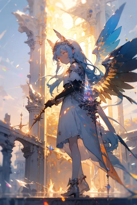((full-body)), (a beautiful crystal-spear holding-hands white-armored white-silk-skirt silver-long-greaves orange-wings glass-headpiece blue-hair beautiful amber-yellow-eyes calm-face girl), bokeh, in-the-ruins outdoors, dawn-sky, <lora:Glitter Concept:1.0>