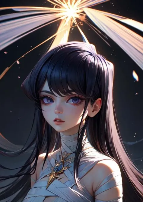 <lora:KomiLora:0.8>komi, stand up, looking at viewer ,master piece, 8k hight quality, detailed face <lora:add_detail:0.4> <lora:more_details:0.2>, hight detailed eyes,violet eyes, <lora:jellyfish-noise:0.6>, soft ilumination, hight detailed iris <lora:attire_nakedbandage:0.8>bandage, whole body, complete body