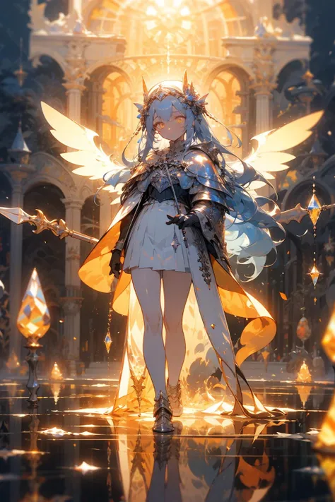 ((full-body)), (a beautiful crystal-spear holding-hands white-armored white-silk-skirt silver-long-greaves orange-wings glass-headpiece blue-hair beautiful amber-yellow-eyes calm-face girl), bokeh, in-the-ruins outdoors, dawn-sky, <lora:Glitter Concept:1.0>