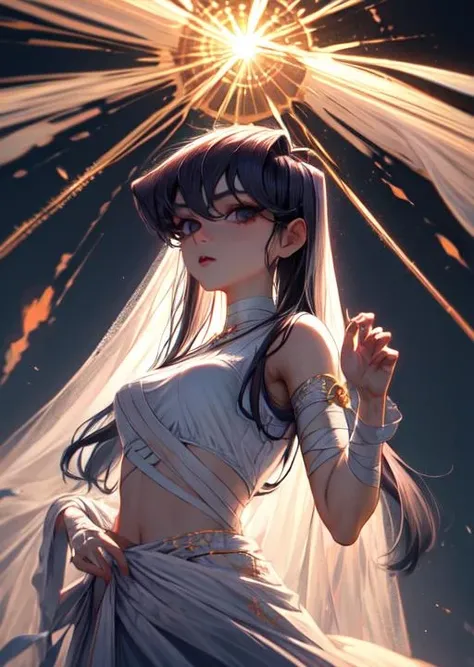 <lora:KomiLora:0.8>komi, stand up, looking at viewer ,master piece, 8k hight quality, detailed face <lora:add_detail:0.4> <lora:more_details:0.2>, hight detailed eyes,violet eyes, <lora:jellyfish-noise:0.6>, soft ilumination, hight detailed iris <lora:attire_nakedbandage:0.8>bandage,above the waist photo