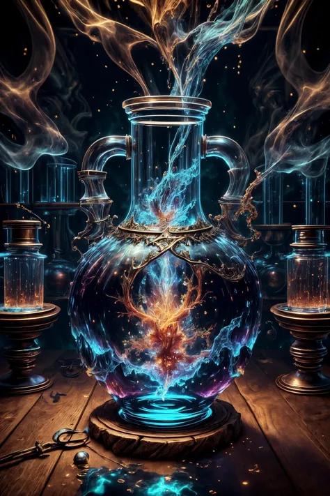 <lora:add_detail:1.0> <lora:potion_craft:0.4> <lora:style-abyssaltech:0.5> <lora:style-jolttech:0.4> abyssaltech, jolttech, excessive energy, sparkling, sparks, (symmetrical:1.2) (fractal art:1.3) an (ethereal liquid:1.36) potion on a rough wooden table in a detailed medieval (fantasy style alchemists lab:1.3), highly detailed background, (ornately decorated glass [amphora|vial]:1.2), eerie fog, (masterpiece, best quality:1.4), professional artwork, famous artwork, extremely detailed, intricate details