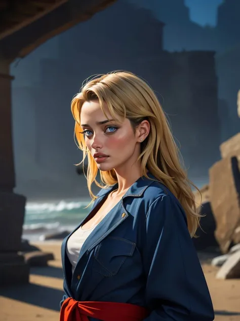 3/4 portrait, modelshoot, beautiful woman,  estella warren wearing hakama,  alien planet, strange vegetation, weird rock formations, dawn, glowing, alien, {ominous|foreboding],  masterpiece, best quality, (style of visual novel:1.4)
