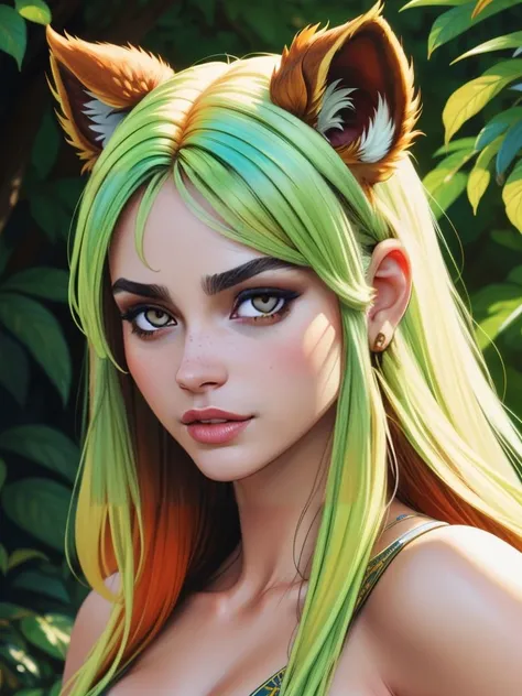 3/4 portrait,fantasy modelshoot, extremely detailed and realistic (brightly colored digital comic art with stroked outlines),
beautiful woman small breasts, cleavage, long nipples, linea alba, hips, tanuki ears, tanuki tail, tanuki girl, (__derrian/traits/hair/hair_length__, __derrian/traits/hair/hairstyle__, __derrian/traits/hair/haircol_mix__:1.2), (white eyes:1.2)