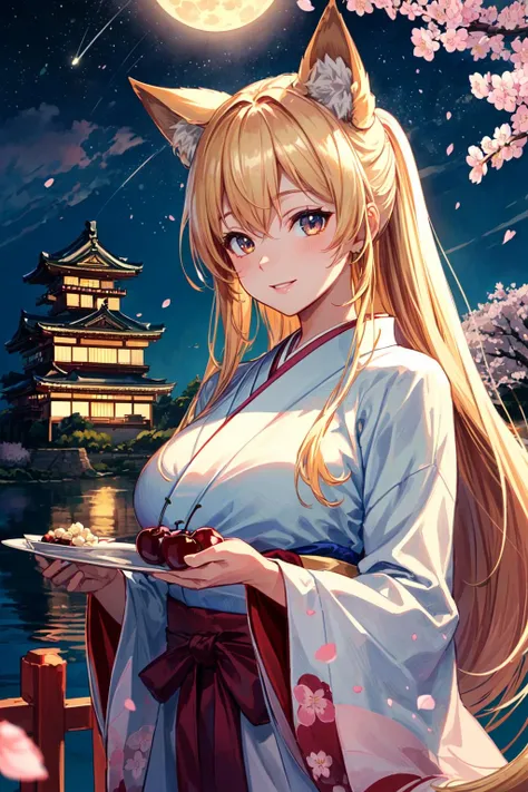 (masterpiece, best quality:1.3),beautiful detailed glow,best illuminate,(((best quality,textile shading,ultra detailed))),extremely detailed CG unity 8k wallpaper,Highly Detailed beautiful and aesthetic,best light,high resolution,detailed,dynamic lighting,
1girl, solo,smile ,
<lora:add_detail:0.5>,
blonde,fox girl, shadows, Japanese shrine maiden's clothes, large breasts, intricate details,
v over eye,
(Japanese castle, cherry blossoms, banquet, night, starry sky:1.3),(full moon,Japanese castle lit up:1.2),(cherry blossom petals:1.4),