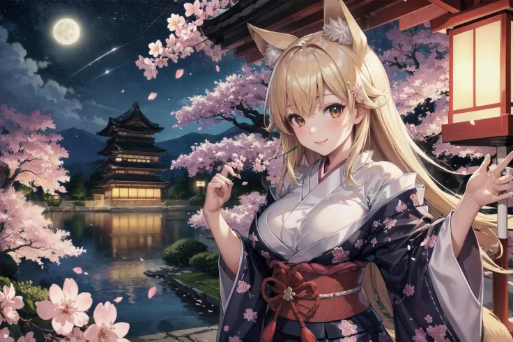 (masterpiece, best quality:1.3),beautiful detailed glow,best illuminate,(((best quality,textile shading,ultra detailed))),extremely detailed CG unity 8k wallpaper,Highly Detailed beautiful and aesthetic,best light,high resolution,detailed,dynamic lighting,
1girl, solo,smile ,
<lora:add_detail:0.5>,
blonde,fox girl, shadows, Japanese shrine maiden's clothes, large breasts, intricate details,
hugging own legs,
overhead shot,
(Japanese castle, cherry blossoms, banquet, night, starry sky:1.3),(full moon,Japanese castle lit up:1.2),(cherry blossom petals:1.4),