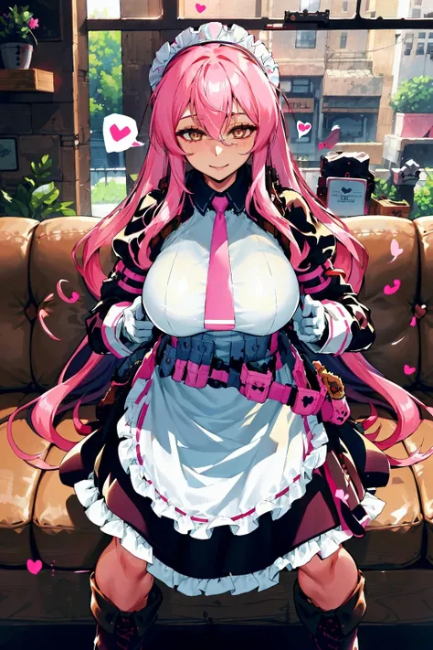 absurdres, highres, (masterpiece:1.2), (best quality, highest quality), <lora:EnvyGoodHands-beta2:0.4>,
<lora:Veronica_anythingv1:0.8>, yellow eyes, very long hair, pink hair, bangs, hair ornament, hair between eyes, gloves, long sleeves, boots, frills, necktie, belt, white gloves, black footwear, apron, maid, maid headdress, pouch, belt pouch, unconventional maid, tactical maid, indoors, coffee shop, waiting for their coffee to arrive, relaxed,
curvy, groin, large breasts, seductive smile, spoken heart, assertive female, 
(cowgirl position), girl on top, happy sex, vaginal, hetero, cum in pussy, long labia, beautiful detailed eyes, crazy eyes, heart-shaped pupils,