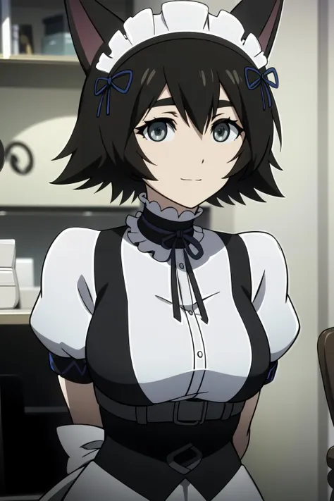 (absurdres:1.1, highres:1.1, ultra detailed:1.1)
1girl, solo
ChopioMayuri, grey eyes, (looking at viewer:1.3)
black hair, short hair
outfit_2, fake animal ears, choker, ribbon, maid, maid headdress, belt
small breasts
arms behind back
upper body, face focus,
happy, smile
BREAK
indoors, cafe, depth of field, blurry background
<lora:75_1_Mayuri:0.7> <lora:GoodHands-vanilla:1>