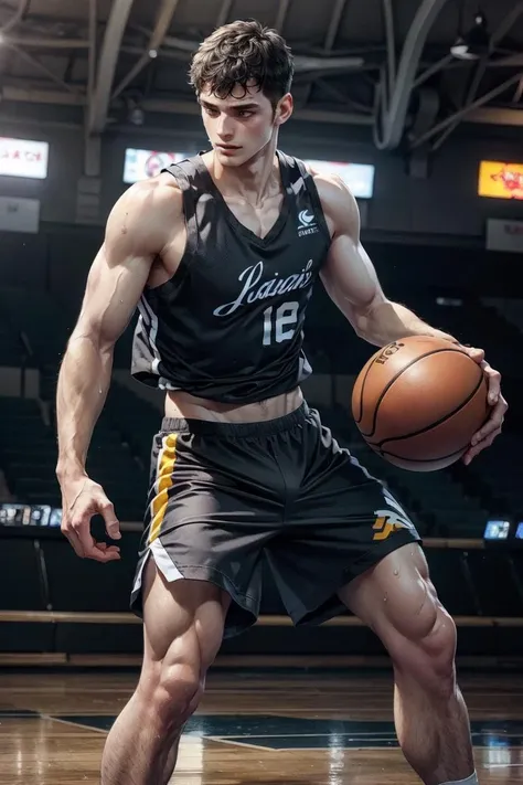 1boy, abs, basketballplayer, black hair, tank top, shorts, basketball, sneakers, sweaty, (Intricate Details, Masterpiece, Best Quality, High Resolution), finely detailed background, Depth of Field, VFX <lora:Clothing - Sexy Basketball Player:0.6>