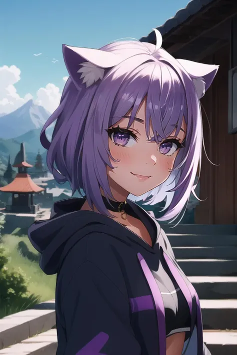 <lora:okayu1-000006:1.0>, okayudef, upper body, smile, blush, outdoors, day, simple background, blue sky, sky, temple, looking at viewer, stairs, mountain, moody lighting, facing viewer,