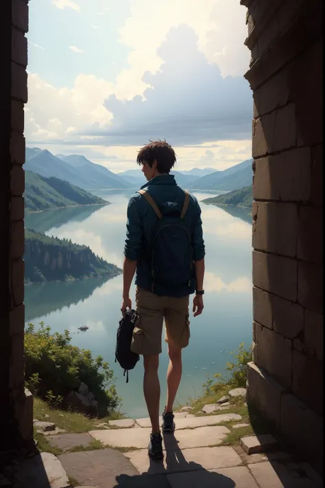 <lora:Elixir:0.565685424949238>, <lora:detail_slider_v4:0.565685424949238>, makoto shinkai, (photo-realistic:1.37, by alex maleev:1.1), Manga, ancient ruins, full body, fashion magazine, realistic anime style lone hiker with his golden retriever looking out at a grand lake, (best shadow), citizens, high contrast, Alabaster statue