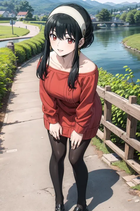 (masterpiece, best quality, detailed), 1girl, solo, looking at viewer, black hair, sidelocks, bangs, long hair, short hair with long locks, red eyes, breasts, large breasts, pikkyyor,
white hairband, earrings, pantyhose, hairband, sweater, red sweater, sweater dress, black pantyhose, dress, jewelry, off shoulder, collarbone, off-shoulder sweater, long sleeves,
outdoors, house, rural, village, scenery, path, river, bridge, leaning forward, adjusting hair, hand in own hair, hand on own thigh, from above, dutch angle, full body, parted lips, smile