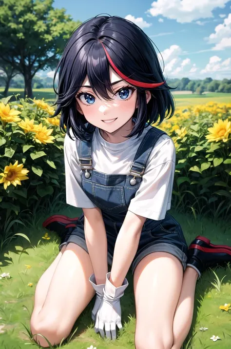(masterpiece, best quality, detailed), 1girl, solo, matoi_ryuuko, short hair, hair between eyes, multicolored hair, black hair, red hair, streaked hair, looking at viewer, 
overalls, short sleeves, white gloves, striped shirt, outdoors, garden, grass, sunlight, day, blue sky, yellow flower, wariza, hand between legs, from above, laughing, smile