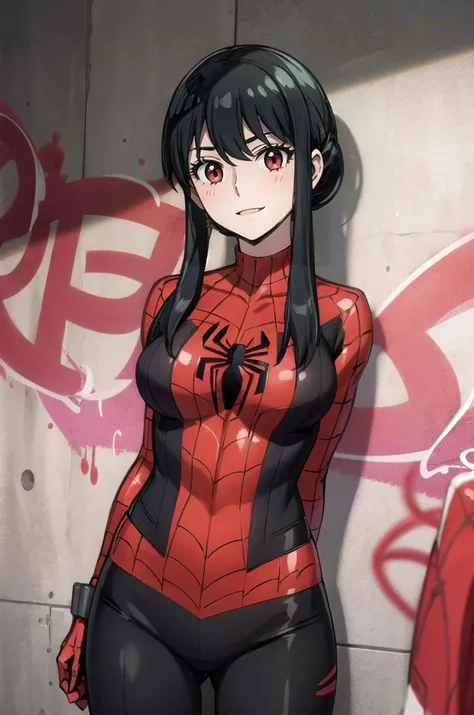 (masterpiece, best quality, detailed), 1girl, solo, looking at viewer, black hair, sidelocks, bangs, long hair, short hair with long locks, red eyes, breasts, large breasts, pikkyyor,
<lora:attire_spider-man:0.8>, spider suit, spider web print, spider web, <lora:CONCEPT_graffiti_wall_ownwaifu:0.7>, CONCEPT_graffiti_wall_ownwaifu, www.ownwaifu.com, (graffiti:1.2), brick wall, arms behind back, smug
