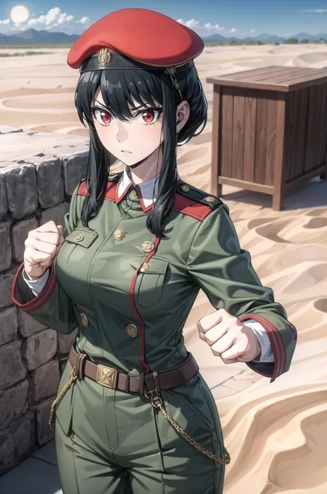 (masterpiece, best quality, detailed), 1girl, solo, looking at viewer, black hair, sidelocks, bangs, long hair, short hair with long locks, red eyes, breasts, large breasts, pikkyyor,
military uniform, military, soldier, belt, green pants, beret, green jacket, metal, camouflage, desert, sand, dust, sun, fighting stance, (clenched hands), legs apart, shaded face, glaring