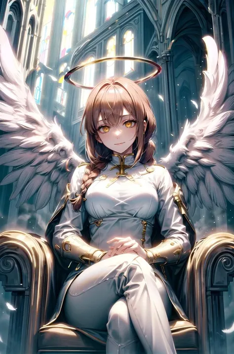 (masterpiece, best quality, detailed), 1girl, solo, makima, ringed eyes, long hair, bangs, braided ponytail, sidelocks, looking at viewer,
<lora:BlessedTech:1>, blessedtech, blessed, aura, medieval, angel, feathered wings, halo, white dress, indoors, church, stained glass, window, candle, sunlight, sitting, crossed legs, evil smile, closed mouth, glaring, wide-eyed