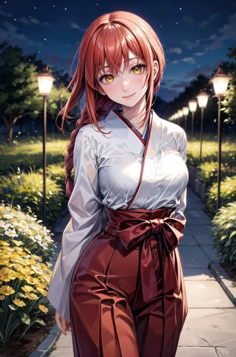 (masterpiece, best quality, detailed), 1girl, solo, makima, ringed eyes, long hair, bangs, braided ponytail, sidelocks, looking at viewer,
miko, japanese clothes, red hakama, wide sleeves, white kimono, ribbon trim, hakama skirt, hip vent, outdoors, garden, grass, night, yellow flower, flower pot, arms behind back, head tilt, smile, closed mouth