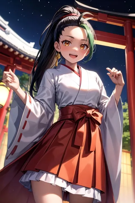 (masterpiece, best quality, detailed), 1girl, solo, nemona, long hair, orange eyes, ponytail, looking at viewer,
miko, japanese clothes, red hakama, wide sleeves, white kimono, ribbon trim, hakama skirt, hip vent, outdoors, night, torii, shrine, east asian architecture, indian style, hands on feet, open mouth, smile
