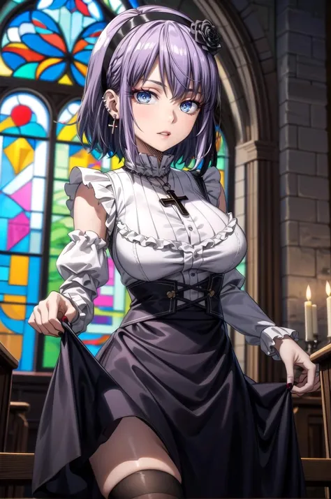 (Satori toho character), (solo), (standing), (stained glass), BREAK, short hair, (huge perky breasts), bursting breasts, (inconceivably thin waist:1.2), very long legs, BREAK, (black blazer:1.3), (black thighhighs:1.3), (very short black high-waist skirt:1.3) cinches waist too tight, highheels, BREAK, nose blush, BREAK, masterpiece, ultra-detailed