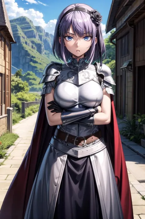 (masterpiece, best quality, detailed), 1girl, solo, pikkyhotaru, looking at viewer, purple hair, short hair, ringed eyes, blue eyes, breasts, large breasts, hairband, hair ornament, hair flower, hair ribbon,
armor, breastplate, armored dress, cape, gloves, pauldrons, bodysuit, belt, full armor, knight, outdoors, mountain, castle, fantasy, scenery, sky, crossed arms, breast hold, arms under breasts, parted lips