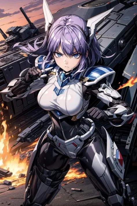 (masterpiece, best quality, detailed), 1girl, solo, pikkyhotaru, looking at viewer, purple hair, short hair, ringed eyes, blue eyes, breasts, large breasts,
<lora:mecha_offset:1>, mecha musume, headgear, mecha corset, full armor, world war ii, war, military vehicle, battlefield, battle, dust, smoke, burning, fire, red sky, explosion, fighting stance, (clenched hands), legs apart, v-shaped eyebrows, closed mouth, smug