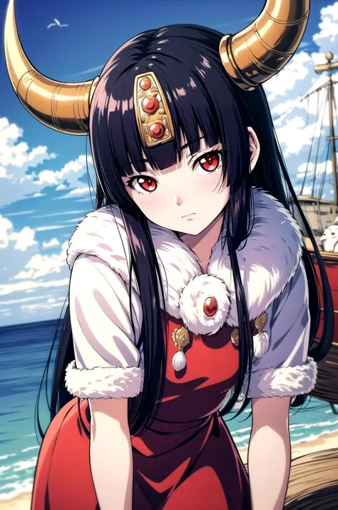 (masterpiece, best quality, detailed), 1girl, solo, Enma Ai, long hair, black hair, hime cut, bangs, blunt bangs, red eyes, looking at viewer,
<lora:AncientVikings:0.9>, ancient viking, viking helmet, horned helmet, fur trim, helmet, ship, ocean, waves, seagull, cloudy sky, leaning forward, shaded face, closed mouth