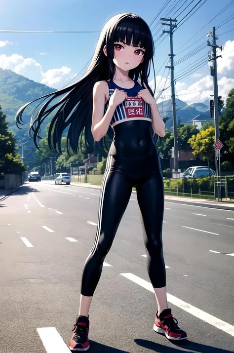 (masterpiece, best quality, detailed), 1girl, solo, Enma Ai, long hair, black hair, hime cut, bangs, blunt bangs, red eyes, looking at viewer, flat chest,
sportswear, sports bra, sweat, tight clothes, leggings, road, utility pole, guard rail, road sign, power lines, hill, railing, scenery, outdoors, mountainous horizon, landscape, fighting stance, (clenched hands), legs apart, parted lips