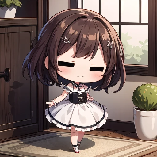 <lora:hotarueye_comic2_v100:1>, 1girl, (chibi:1.4), smile, closed mouth, dynamic angle, standing, , brown hair, indoors