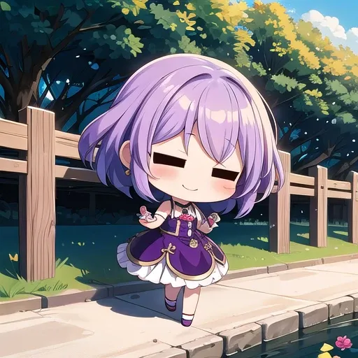 <lora:hotarueye_comic2_v100:1>, 1girl, (chibi:1.4), smile, closed mouth, dynamic angle, standing, , purple hair, outdoor