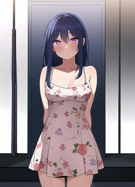 1girl, standing, sundress, flower print dress, blue_hair, purple_eyes, gradient eyes, straight-on, looking_at_viewer, skin_blush, shiny_skin, hires, perfect lighting, arms_behind_back, glow, tight dress, 
 <lora:homebrew_close_as_neighbors_2:0.8>