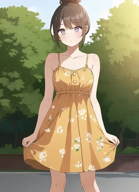 1girl, standing, sundress, hat, flower print dress, hair_up, hair bun, brown_hair, gradient eyes, straight-on, looking_at_viewer,
<lora:homebrew_close_as_neighbors_2:0.8>