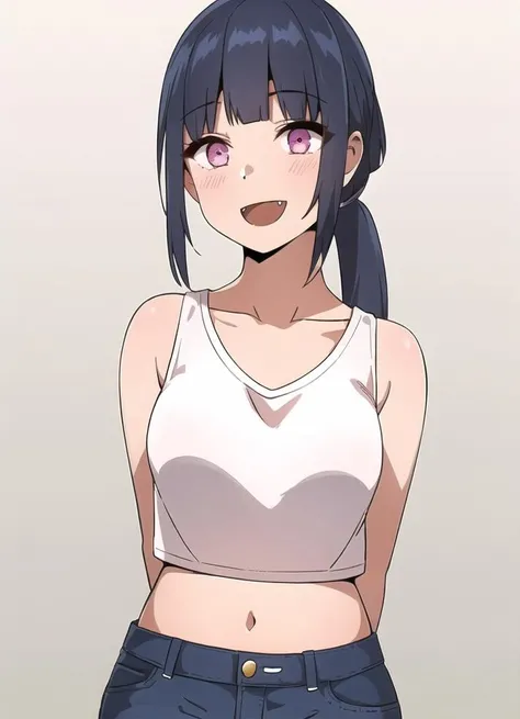 1girl, hime_cut, blunted_bangs, upper_body, midriff, ponytail, collarbone, solo, simple_background, arms_behind_back, crop top, jean shorts,
highres, masterpiece, 1girl, eye contact, smile, happy, fang, gradient eyes, simple background, shiny_skin, panel, comic,
<lora:homebrew_close_as_neighbors:0.8>,