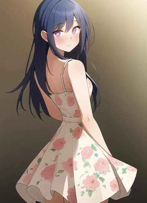 1girl, standing, sundress, flower print dress, blue_hair, purple_eyes, gradient eyes, straight-on, looking_at_viewer, skin_blush, shiny_skin, hires, perfect lighting, arms_behind_back, glow,
<lora:homebrew_close_as_neighbors_2:0.8>