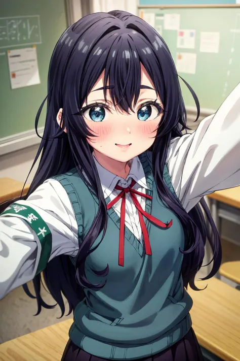 <lora:more_details:0.5>, <lora:shizuka-nano-09:0.7>, shizuka_wz, long hair, dark blue hair, blue eyes, neck ribbon, red ribbon, white shirt, black skirt, long sleeves, school uniform, armband, sweater vest, classroom, pov, selfie, smile, full-face blush, standing,, 1girl, (masterpiece:1.3), (high resolution), (8K), (extremely detailed), (4k), (pixiv), perfect face, nice eyes and face, (best quality), (super detailed), detailed face and eyes, (solo), textured skin, absurdres, highres