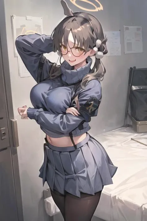 masterpiece, 1girl, kazekura_moe, halo, glasses, bangs, brown eyes, brown hair, blue_sweater, turtleneck, navel, fake_animal_ears, hair_bobbles, hair_ornament, pleated skirt, blue skirt, pantyhose, twintails, standing, <lora:kazekura_moe-ss:1>