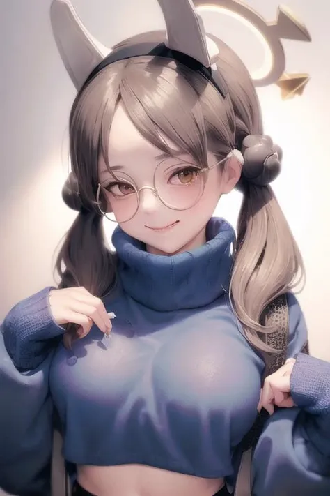 masterpiece, 1girl, kazekura_moe, portrait, halo, glasses, bangs, brown eyes, brown hair, blue_sweater, turtleneck, navel, fake_animal_ears, hair_bobbles, hair_ornament, twintails, <lora:kazekura_moe-ss:1>