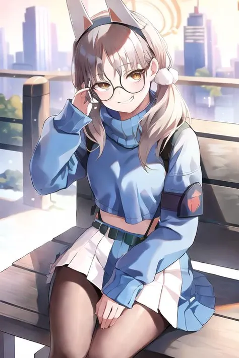 kazekuramoe, glasses, smile, sitting, city <lora:Kazekura_moe:1>