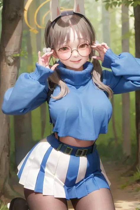 kazekuramoe, glasses, smile, blush, sweat, standing, forest <lora:Kazekura_moe:1>