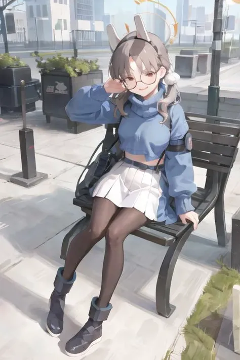 kazekuramoe, glasses, smile, sitting, city <lora:Kazekura_moe:1>