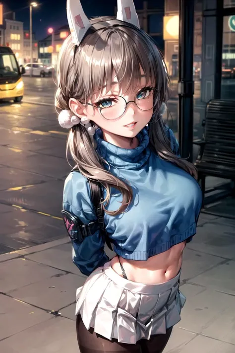 (day:1.7), outdoors, street,Cyberpunk_CityView, (very detailed background),
arms behind back, dynamic angle,
glasses, bangs, brown eyes, brown hair, fake_animal_ears, hair_bobbles, hair_ornament, twintails
kazekuramoe, blue_sweater, turtleneck, navel, pleated skirt, blue skirt, pantyhose
1 girl, 20yo,mature female,Beautiful Finger,Beautiful long legs,Beautiful body,Beautiful Nose, perfect eyes, perfect face,(beautiful detailed aqua eyes),((mature female:1.1)),((milf:1.1)),make up,parted lips,(shiny skin:1.1),(perfect female body:1.2),(gorgeous detailed skin),(detailed hair),
looking at viewer, grining, smile,
ray_tracing,intricate details,depth of field, extremely delicate and beautiful,
(Beautiful,medium breasts:1.4), (beautiful_face:1.5),