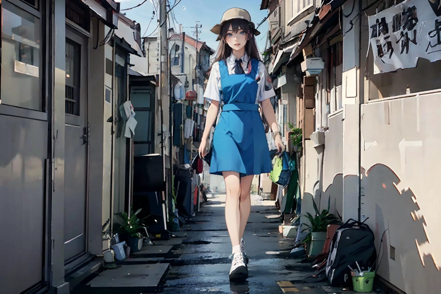 rchitecture, building, (shophouse), cityscape, scenery, Southeast Asia, George Town, Penang, vintage, historical, heritage, orange tiled roof, narrow facade, long windows, street vendors, road, 1girl with long dark hair and pretty face, happy, wearing blue uniform, white shirt, blue pinafore dress, slender, long legs, white shoes, (colorful), (delicate eyes and face), volumetric light, ray tracing, wide shot, extremely detailed CG unity 8k wallpaper, (dark theme:1.3), light <lora:msu3:0.8> <lora:lora:0.8> <lora:è
¿:0.4>
