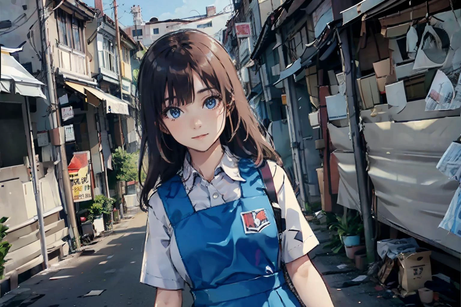 rchitecture, building, (shophouse), cityscape, scenery, Southeast Asia, George Town, Penang, vintage, historical, heritage, orange tiled roof, narrow facade, long windows, street vendors, road, 1girl with long dark hair and pretty face, happy, wearing blue uniform, white shirt, blue pinafore dress, slender, long legs, white shoes, (colorful), (delicate eyes and face), volumetric light, ray tracing, wide shot, extremely detailed CG unity 8k wallpaper, (dark theme:1.3), light <lora:msu3:0.8> <lora:lora:0.8> <lora:è
¿:0.4>