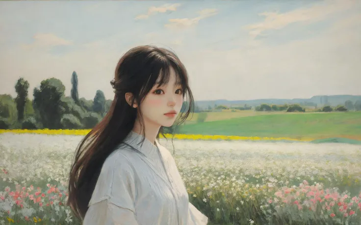 1girl,lying, white skin, long hair, painting \(medium\), outdoors, country scene, flower field