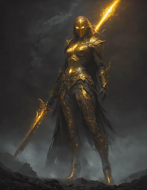 Impressionist painting , concept art, closeup low angle, A warrior in dark, ornate armor, intricate full mask, holds a radiant glowing golden spear, her glowing long hair billows in the air, stands on a battlefield, chaotic scene, set against a backdrop of imposing structures silhouetted against a stormy sky, artwork, dramatic fantasy theme, characterized by expressive, dynamic brushwork, contrast between the bright sword and the dark surroundings, matte painting, insane detailed, <lora:- SDXL - vanta-black_contrast_V3.0:1>, <lora:glowneon_xl_v1:0.3>, <lora:zavy-cntrst-sdxl:1>, <lora:SDXLFaeTastic2400:0.5> . Loose brushwork, vibrant color, light and shadow play, captures feeling over form